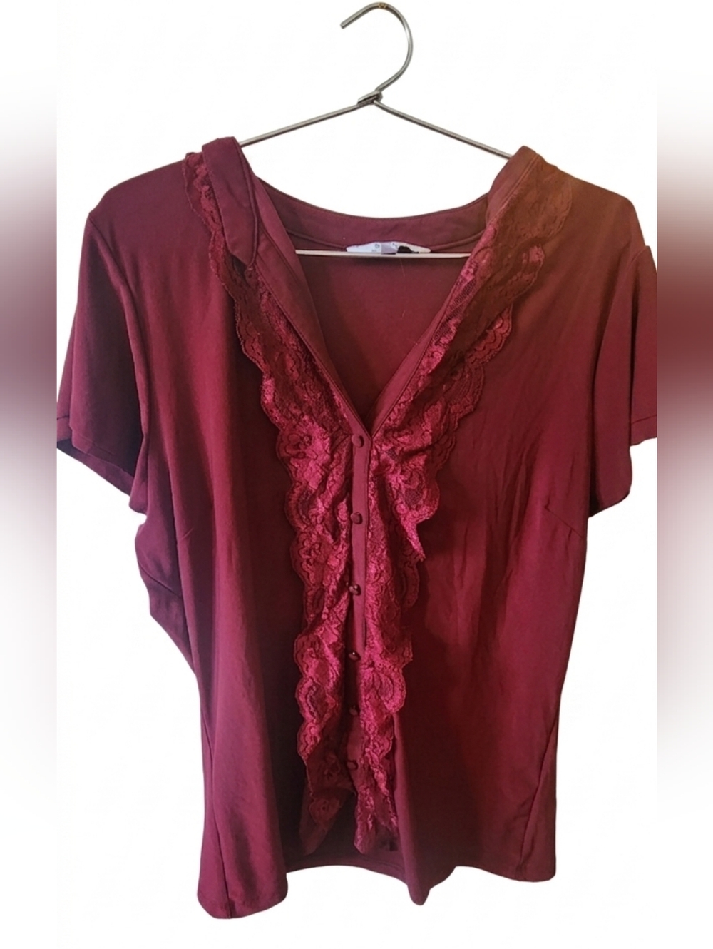 ALFRED SUNG Deep Burgundy Lace-Accent Top